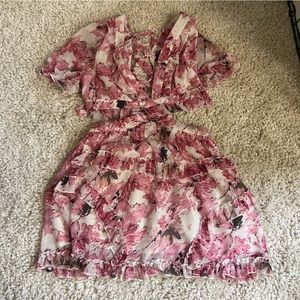Shein pink and white floral cut out lace up back mini dress